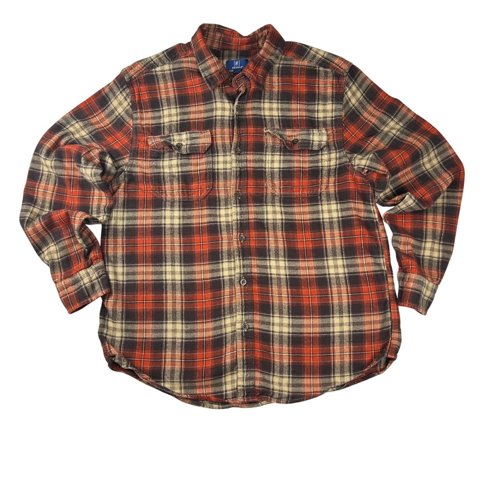 George Mens Plaid Flannel Button Down Shirt Medium Red Black Tan